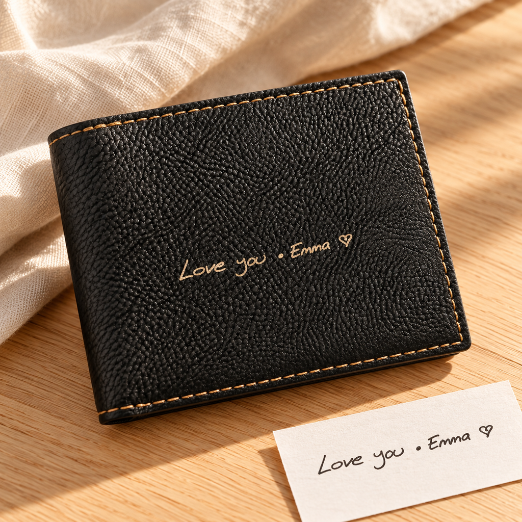 Personalized black wallet engraved from a loved one's actual handwriting