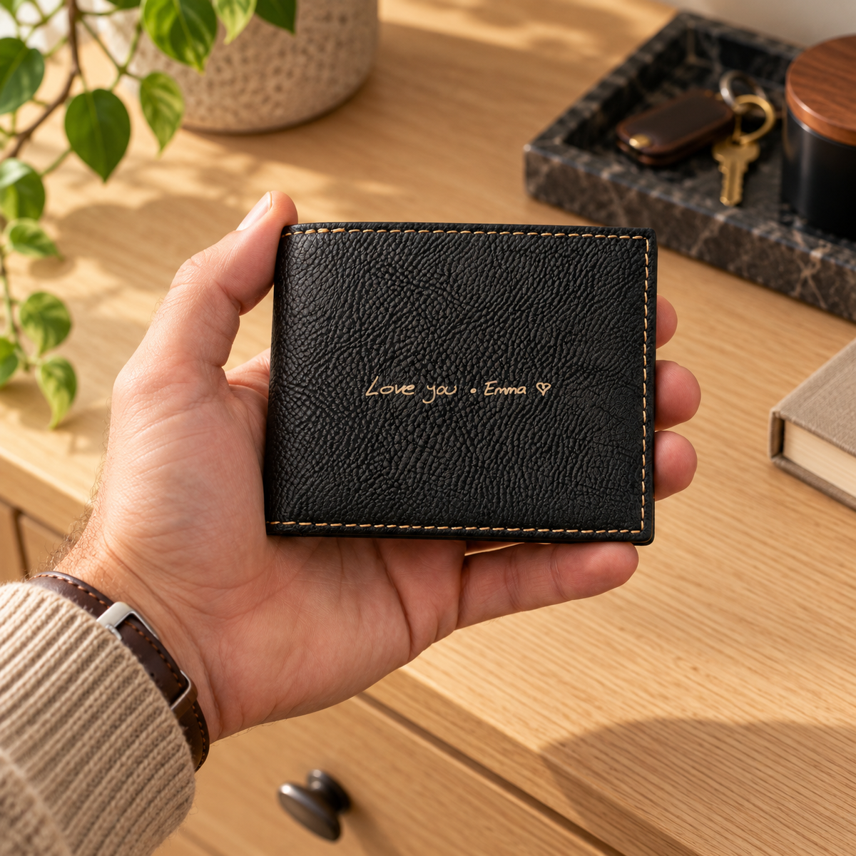 Man holding a black wallet personalized with a loved one's handwriting