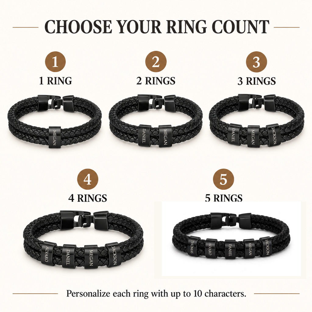 Personalized men’s bracelet shown with one, two, three, four, or five engraved name rings.
