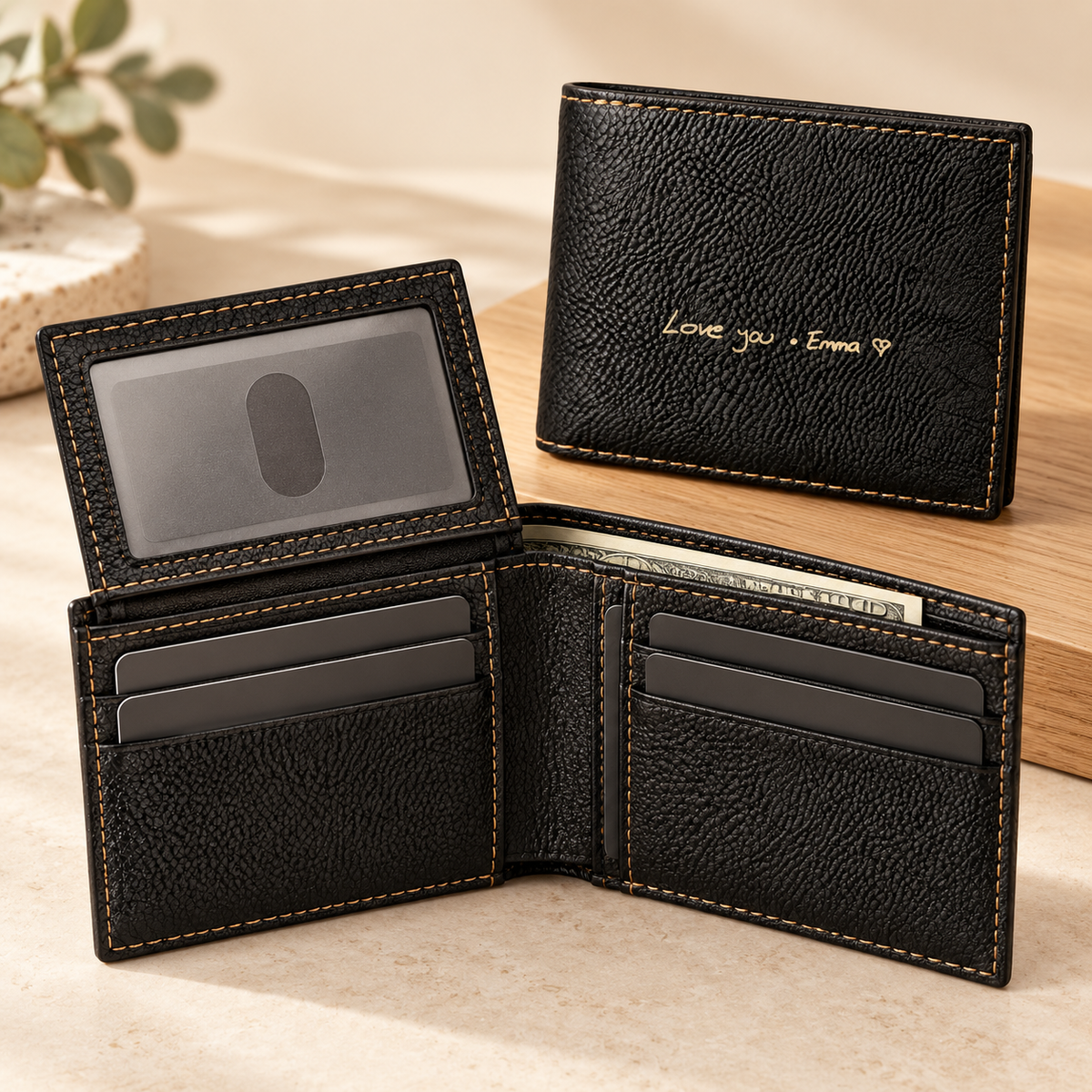 Open black bifold wallet with card slots and flip-up ID window
