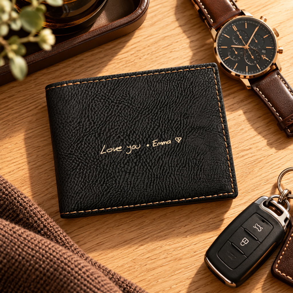 Personalized black handwriting wallet displayed with a watch and car keys