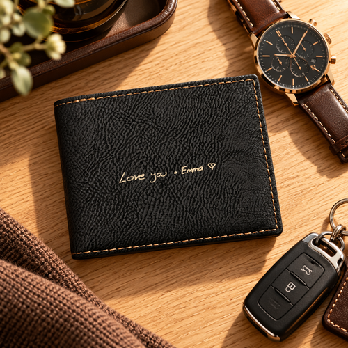 Personalized black handwriting wallet displayed with a watch and car keys