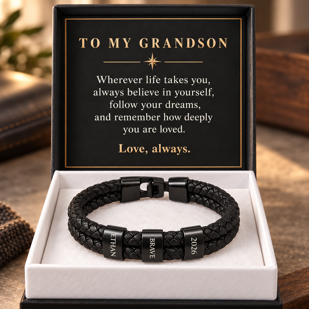 Black-finish personalized bracelet with three engraved rings in a standard gift box and To My Grandson message card.
