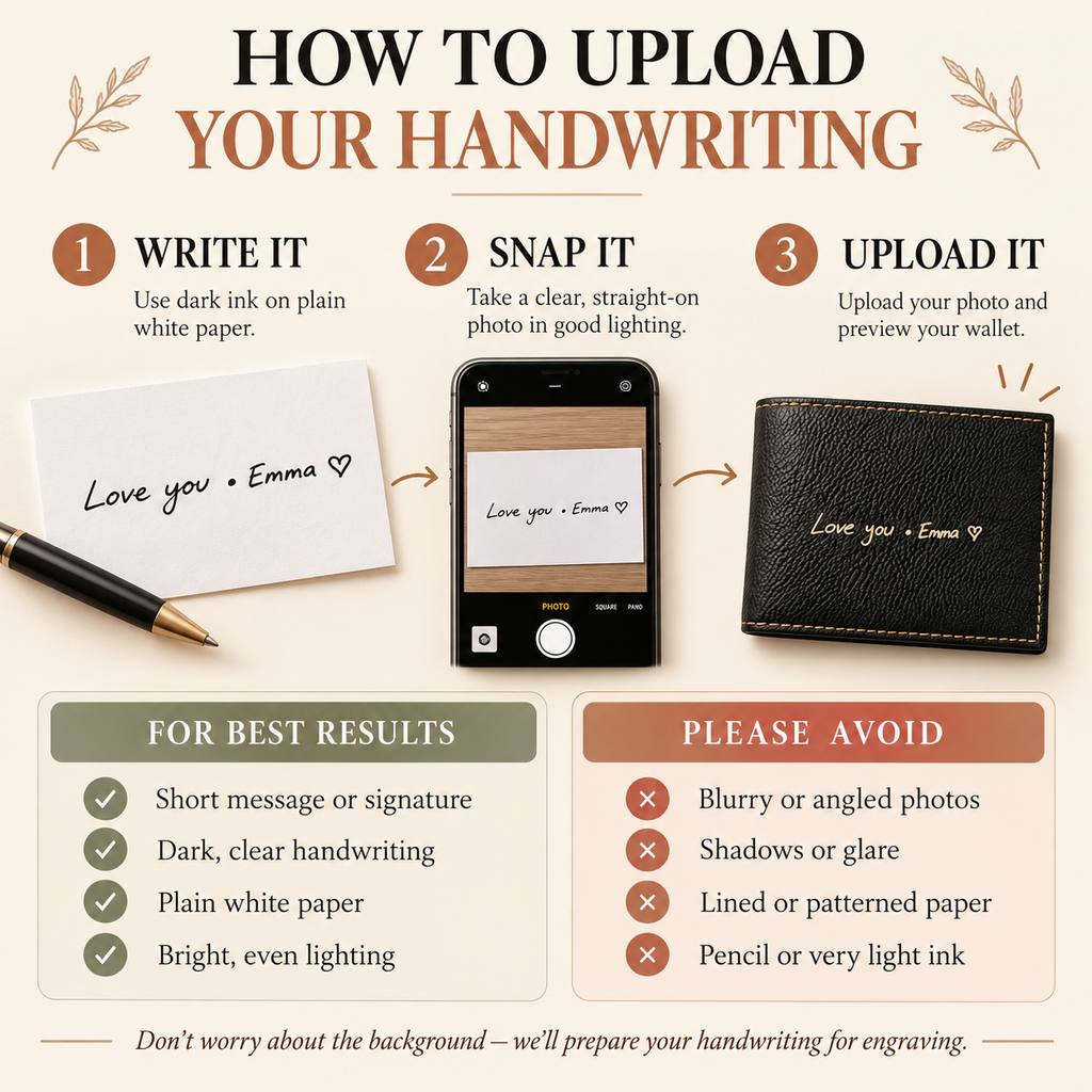 Instructions for photographing and uploading handwriting for wallet engraving
