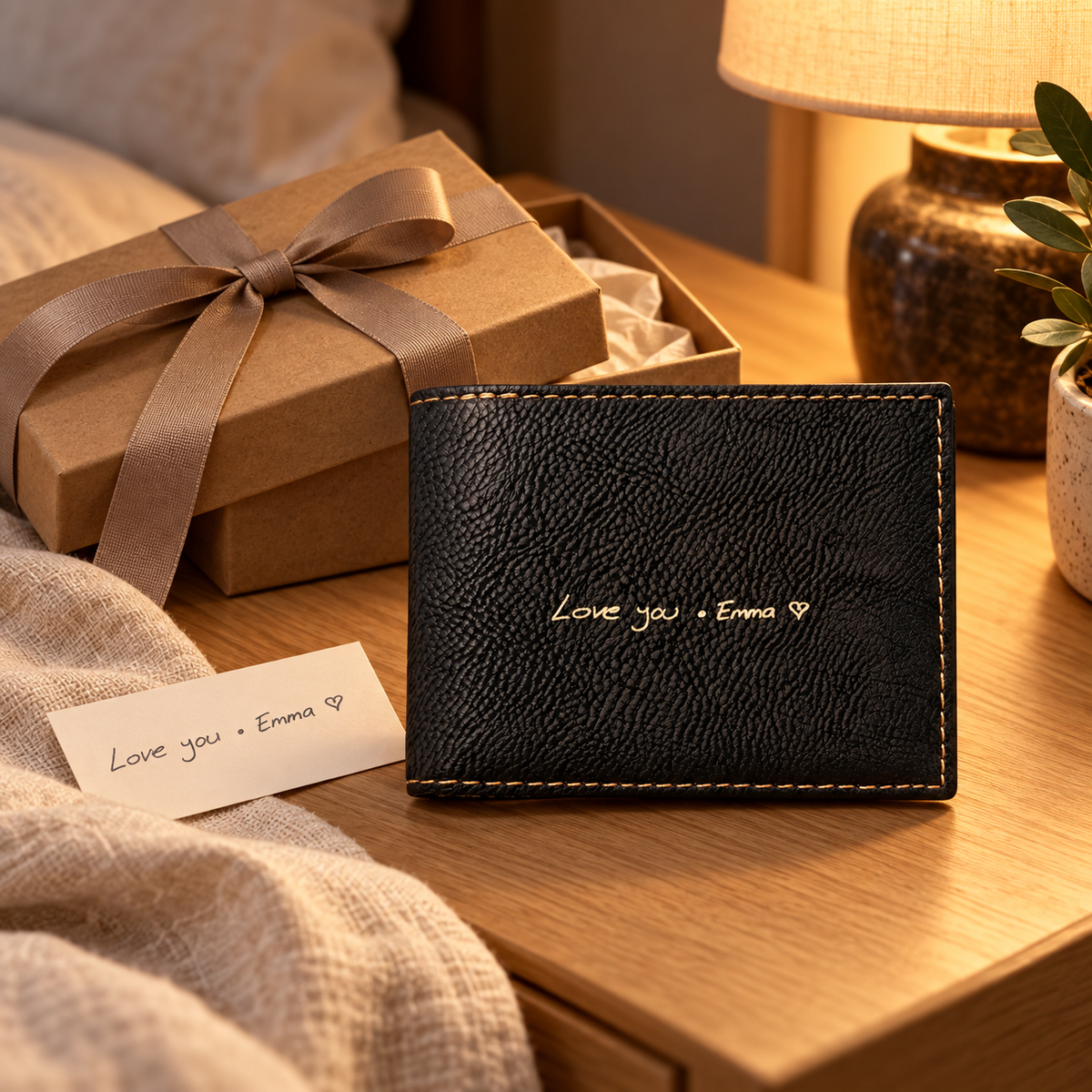 1. Personalized black handwriting wallet presented as a meaningful gift