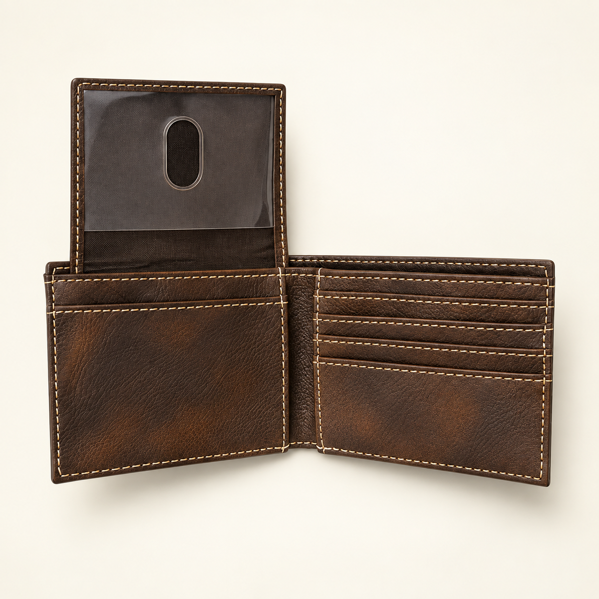 Open rustic bi-fold wallet with flip-up ID window and multiple card slots