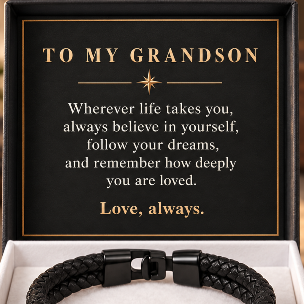 Close-up of the To My Grandson message card displayed inside the bracelet gift box.
