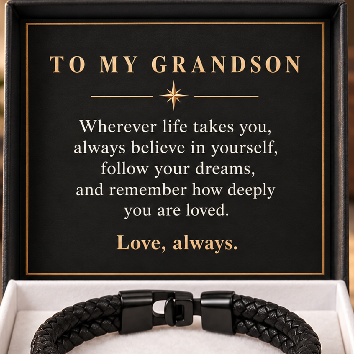 Close-up of the To My Grandson message card displayed inside the bracelet gift box.
