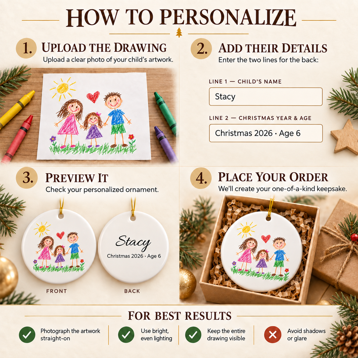 Child’s Drawing Christmas Ornament – Personalized Ceramic Keepsake