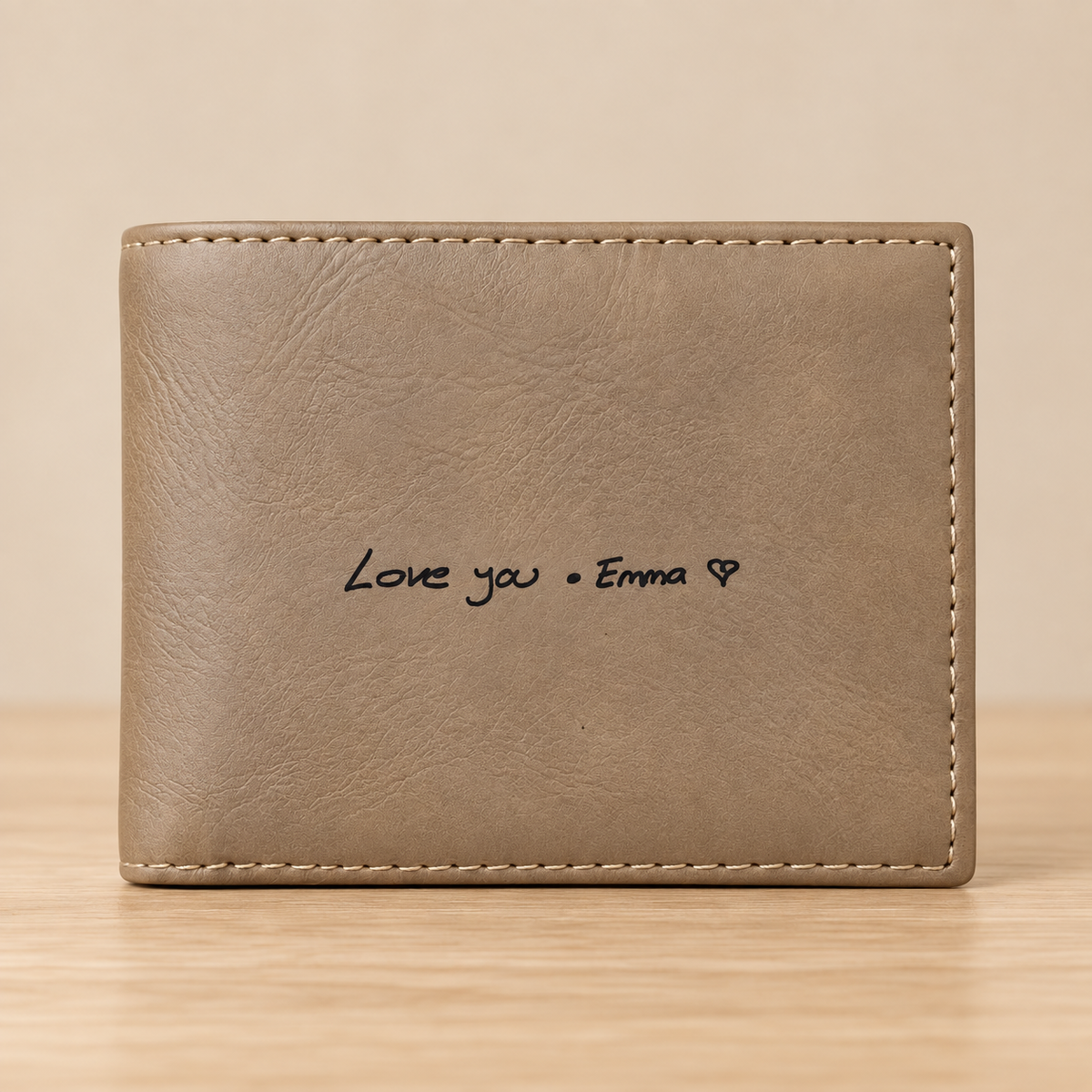 Light Brown personalized handwriting wallet on a warm beige background