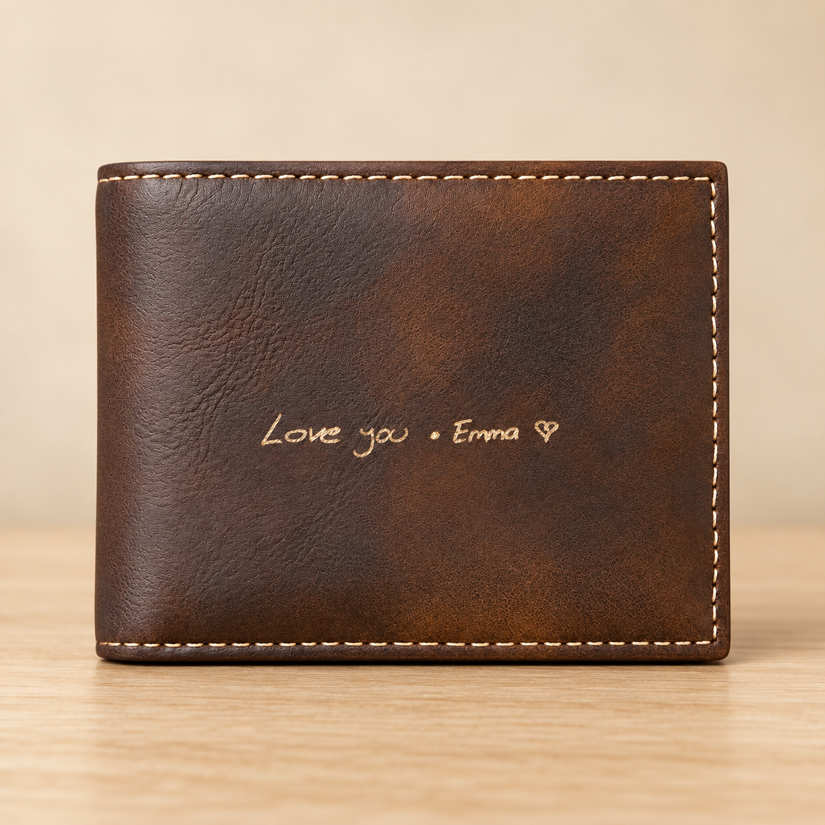 Rustic Gold personalized handwriting wallet on a warm beige background
