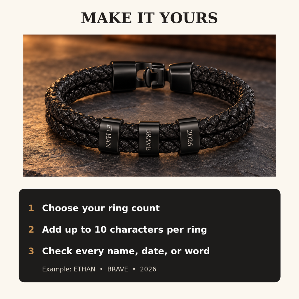 How to personalize the bracelet by choosing ring count and adding up to 10 characters per engraved ring.
