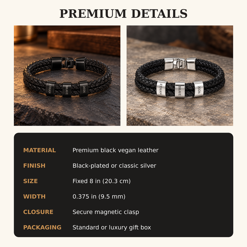 Product details for the personalized braided bracelet, including finishes, size, width, clasp, and gift box options.
