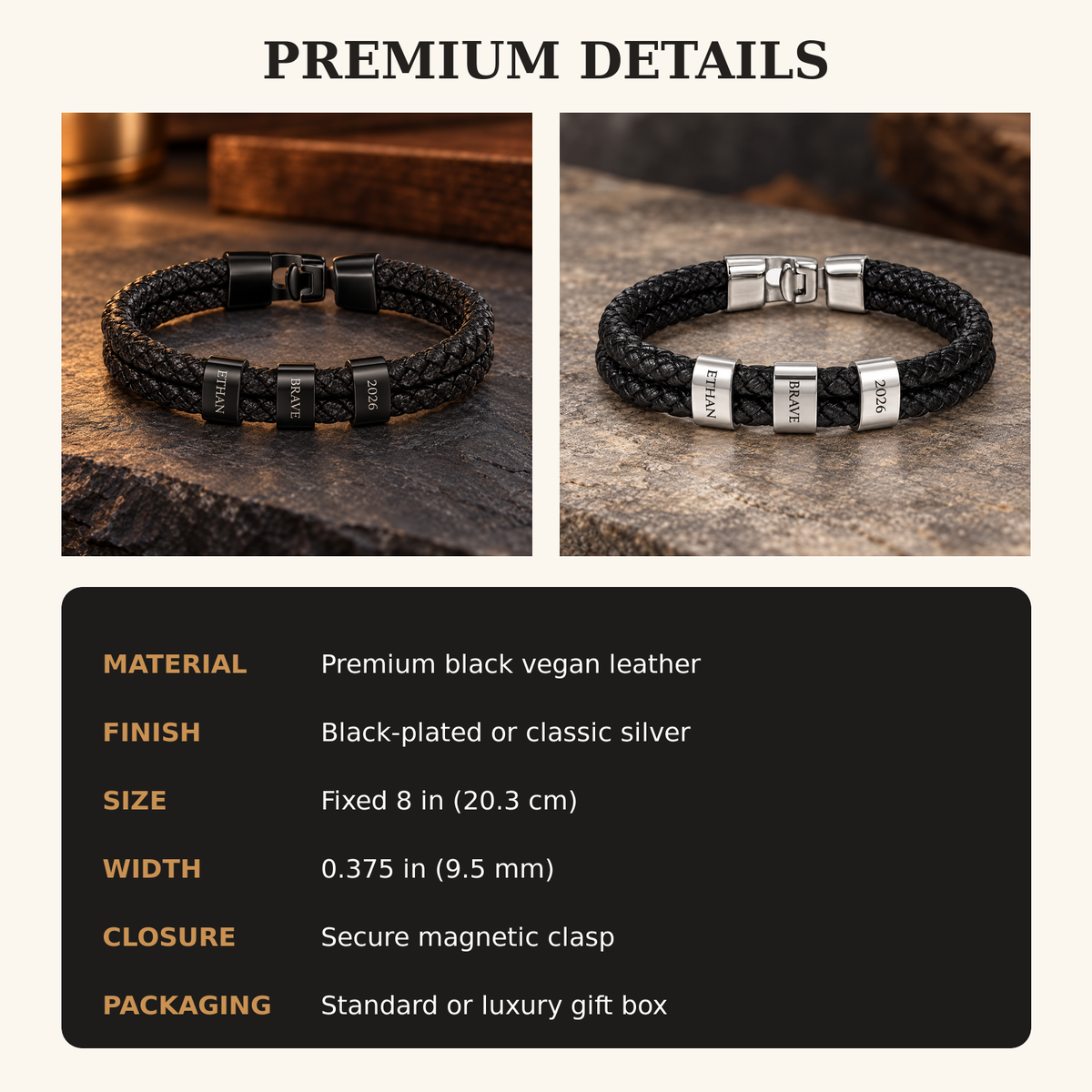 Product details for the personalized braided bracelet, including finishes, size, width, clasp, and gift box options.

