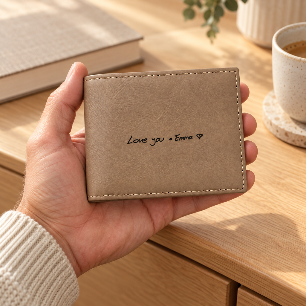 Light Brown personalized handwriting wallet on a warm beige background