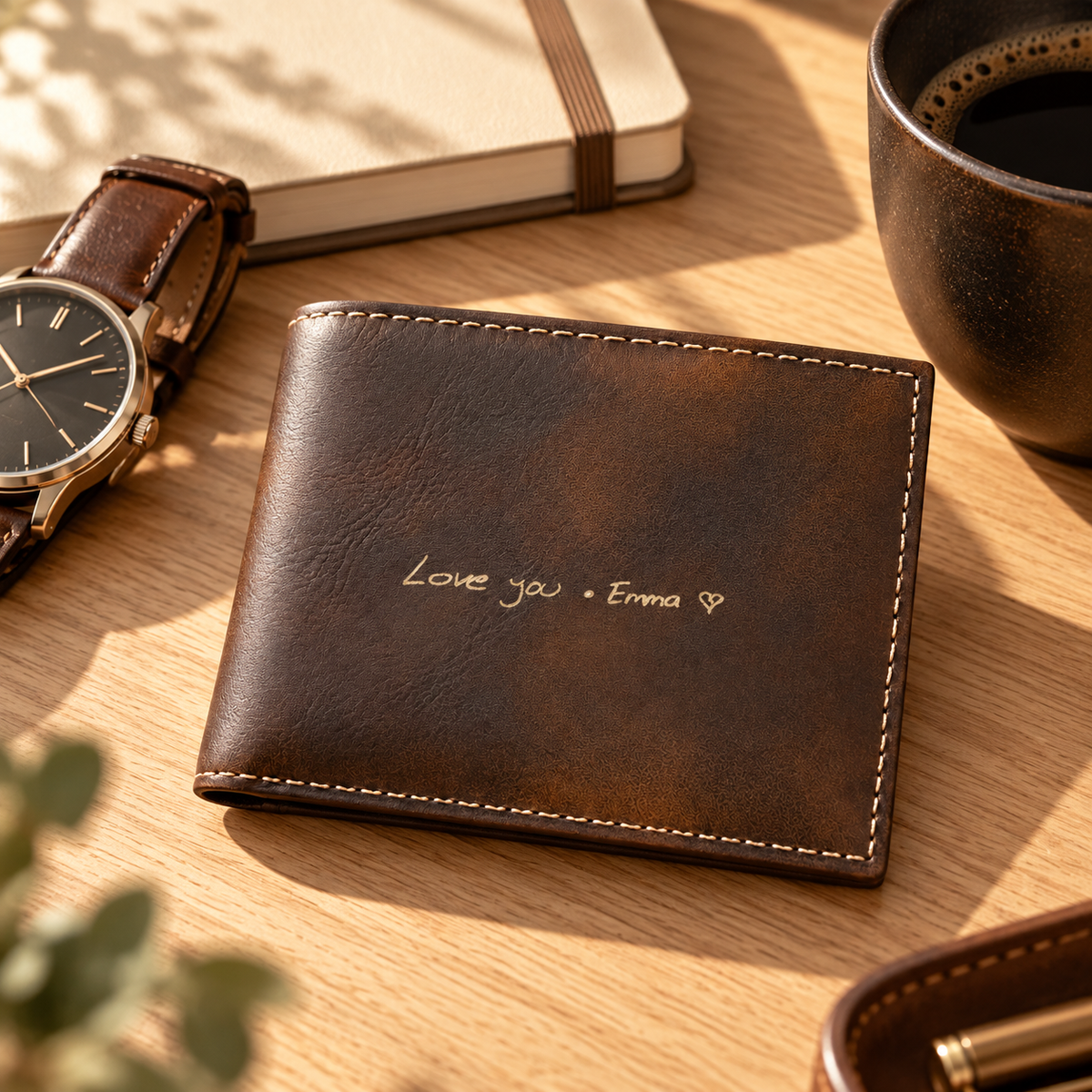 Man holding a Light Brown wallet personalized with actual handwriting