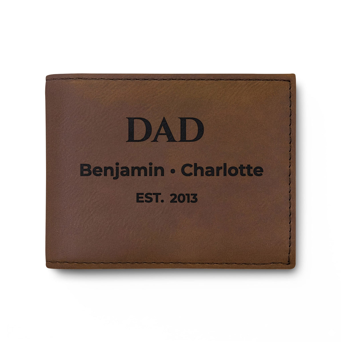 Dark brown Dad wallet with black personalized engraving