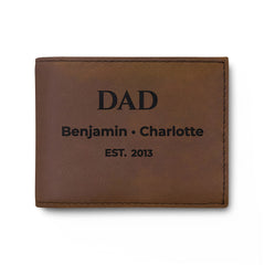 Dark brown Dad wallet with black personalized engraving