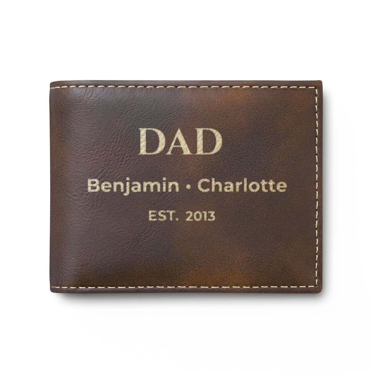 Rustic Dad wallet with gold-tone personalized engraving