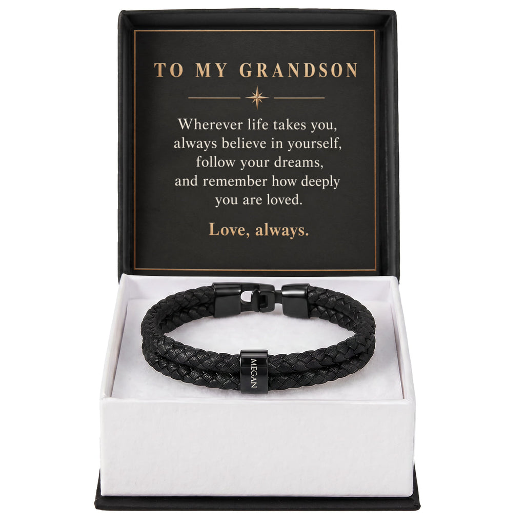 Personalized Name Bracelet for Grandson – Custom Engraved Bead Bracelet | Birthday & Graduation Gift from Grandma and Grandpa