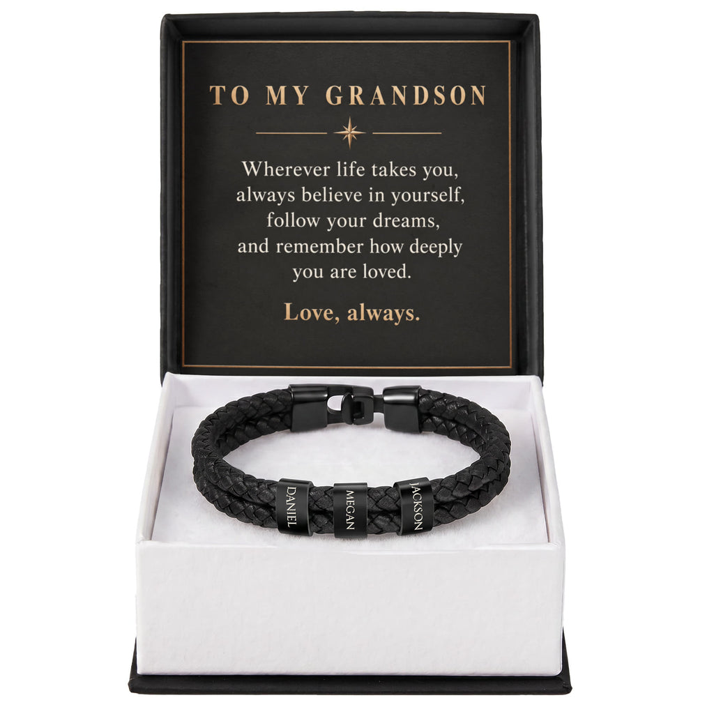 Personalized Name Bracelet for Grandson – Custom Engraved Bead Bracelet | Birthday & Graduation Gift from Grandma and Grandpa