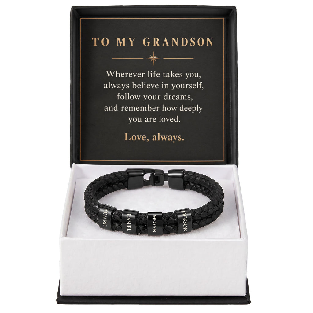 Personalized Name Bracelet for Grandson – Custom Engraved Bead Bracelet | Birthday & Graduation Gift from Grandma and Grandpa