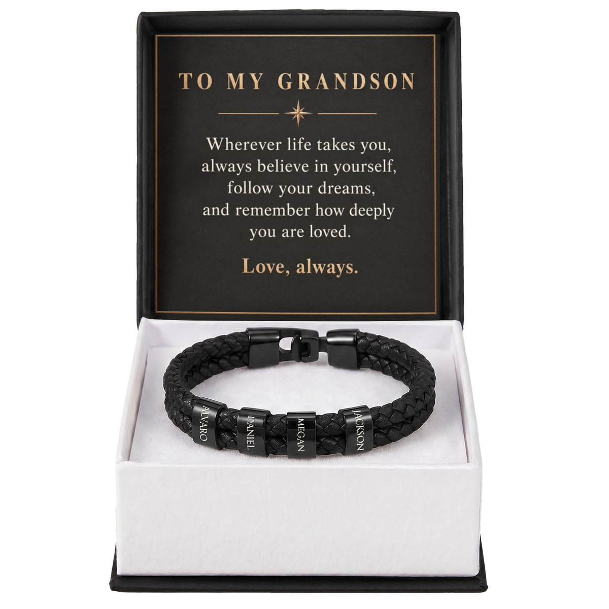 Personalized Name Bracelet for Grandson – Custom Engraved Bead Bracelet | Birthday & Graduation Gift from Grandma and Grandpa