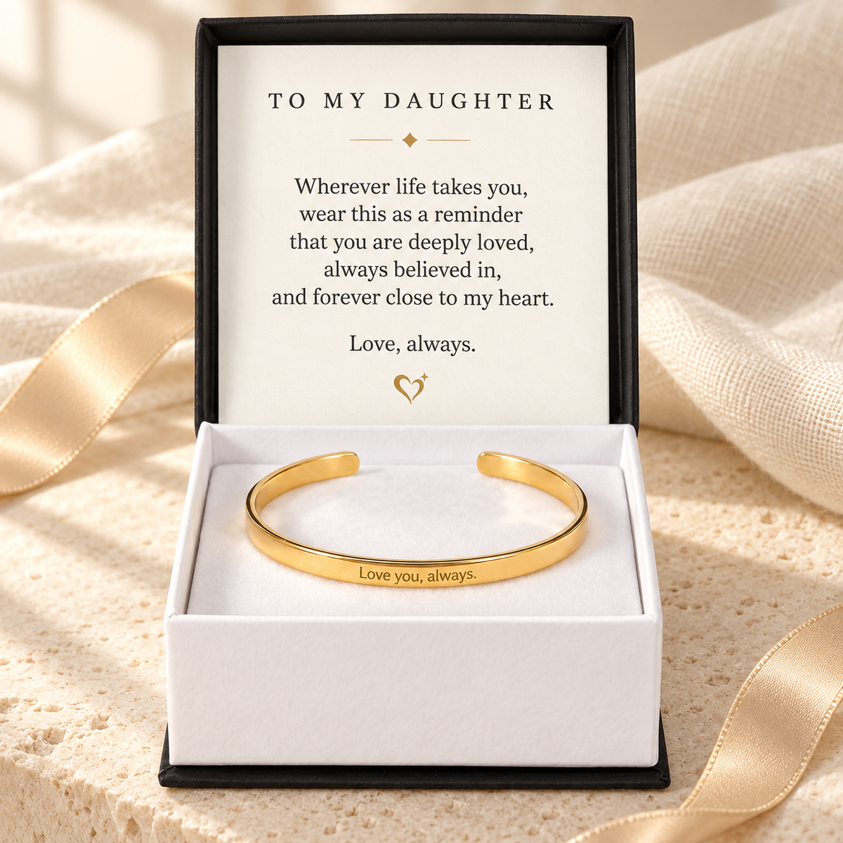 Personalized gold cuff bracelet in a standard gift box with daughter message card
