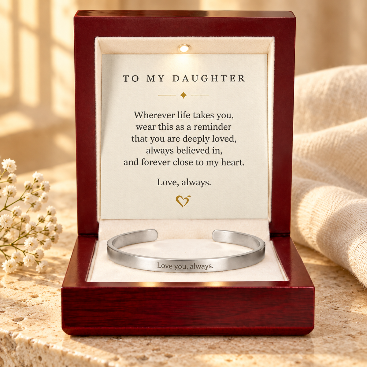 Silver engraved cuff bracelet in a luxury mahogany gift box