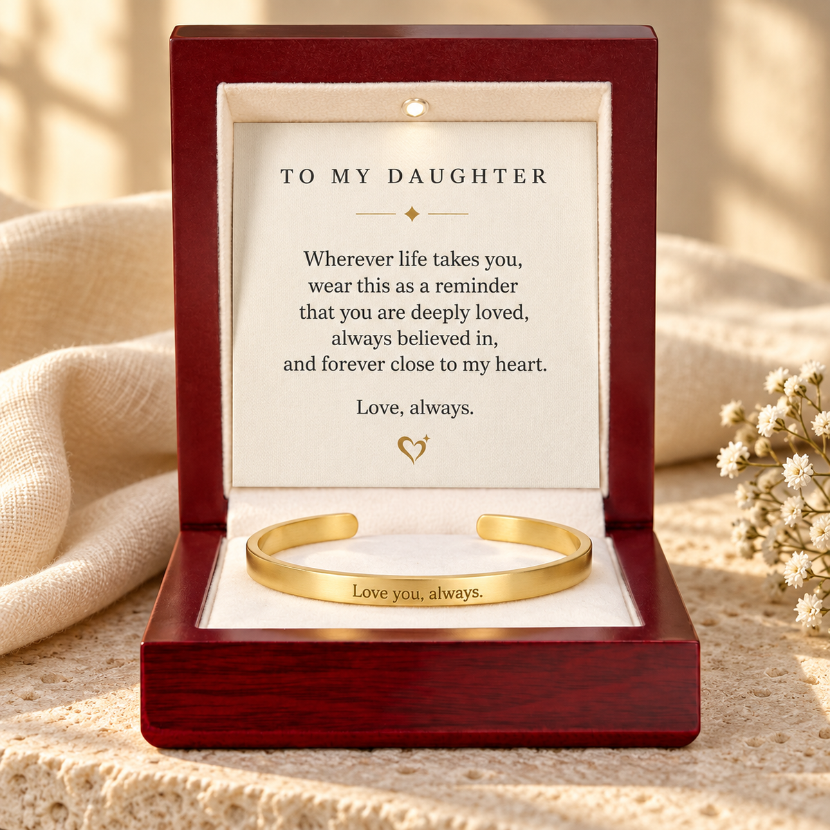 Gold engraved cuff bracelet in a luxury mahogany gift box