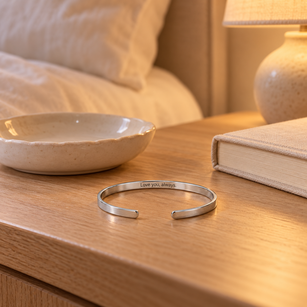 Personalized silver cuff bracelet resting on a warm wooden bedside table