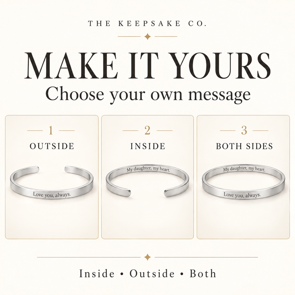 Cuff bracelet engraving options for the inside, outside or both sides
