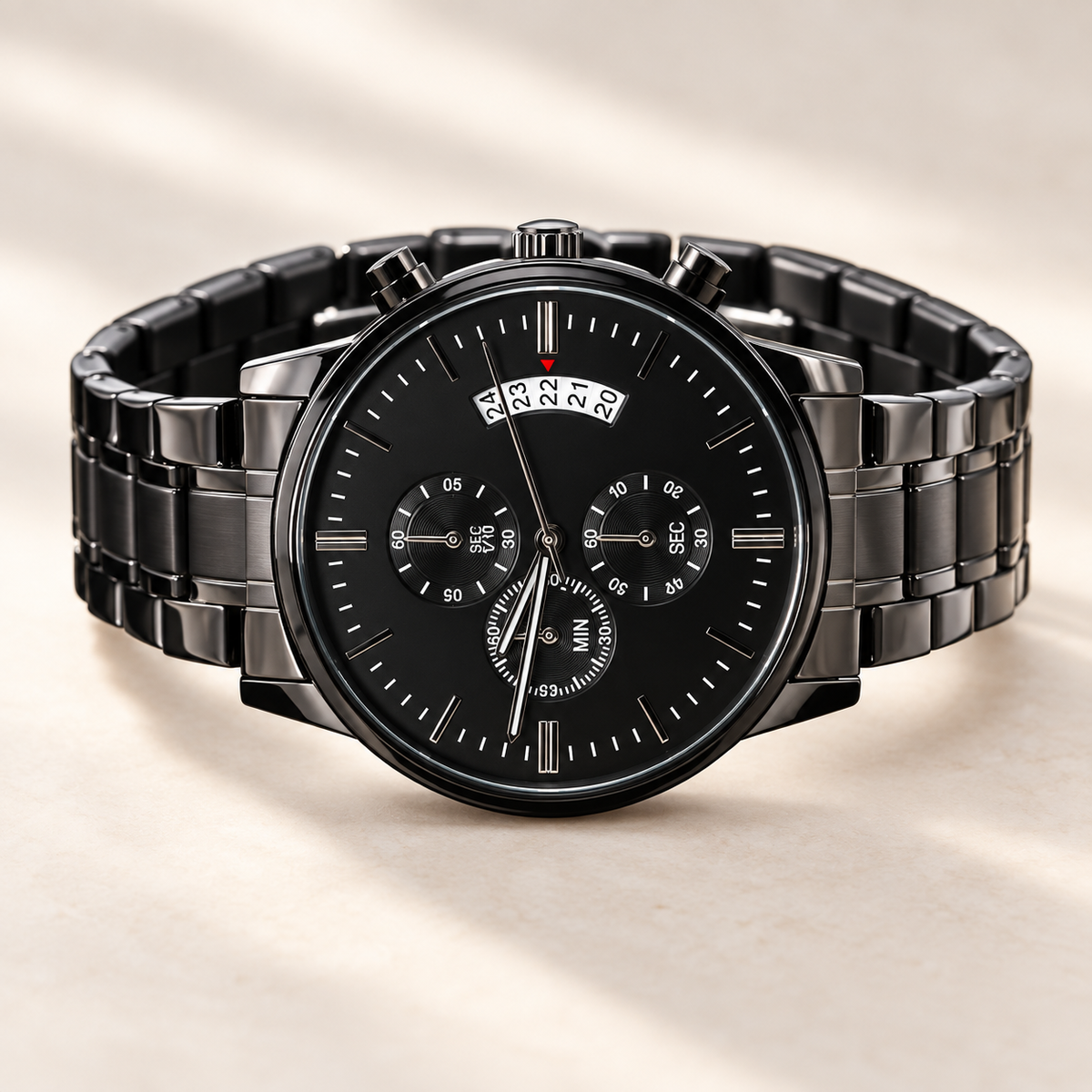 Personalized black chronograph watch for husband with stainless steel bracelet and copper-tone details