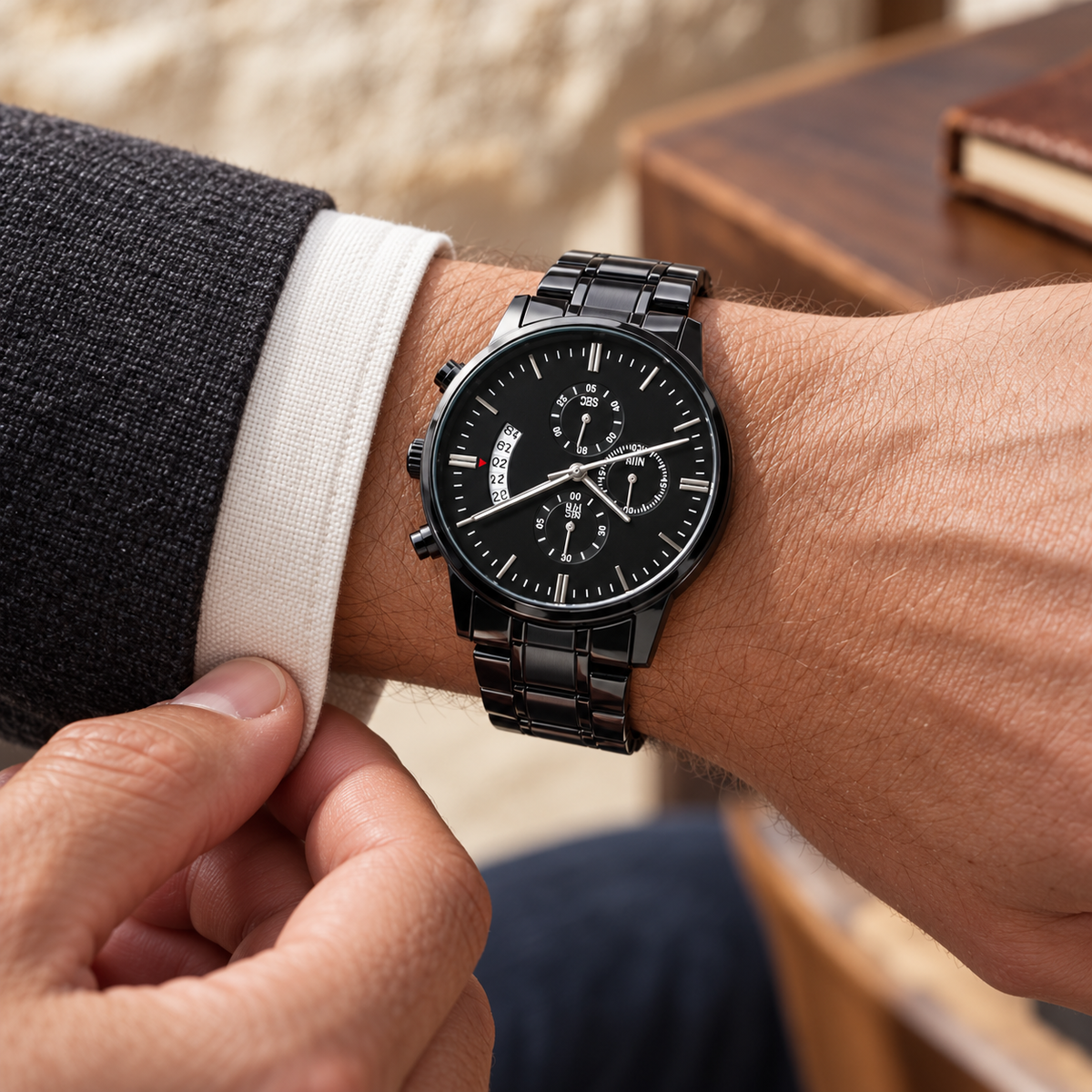 Personalized black chronograph watch worn on a man’s wrist with a charcoal blazer