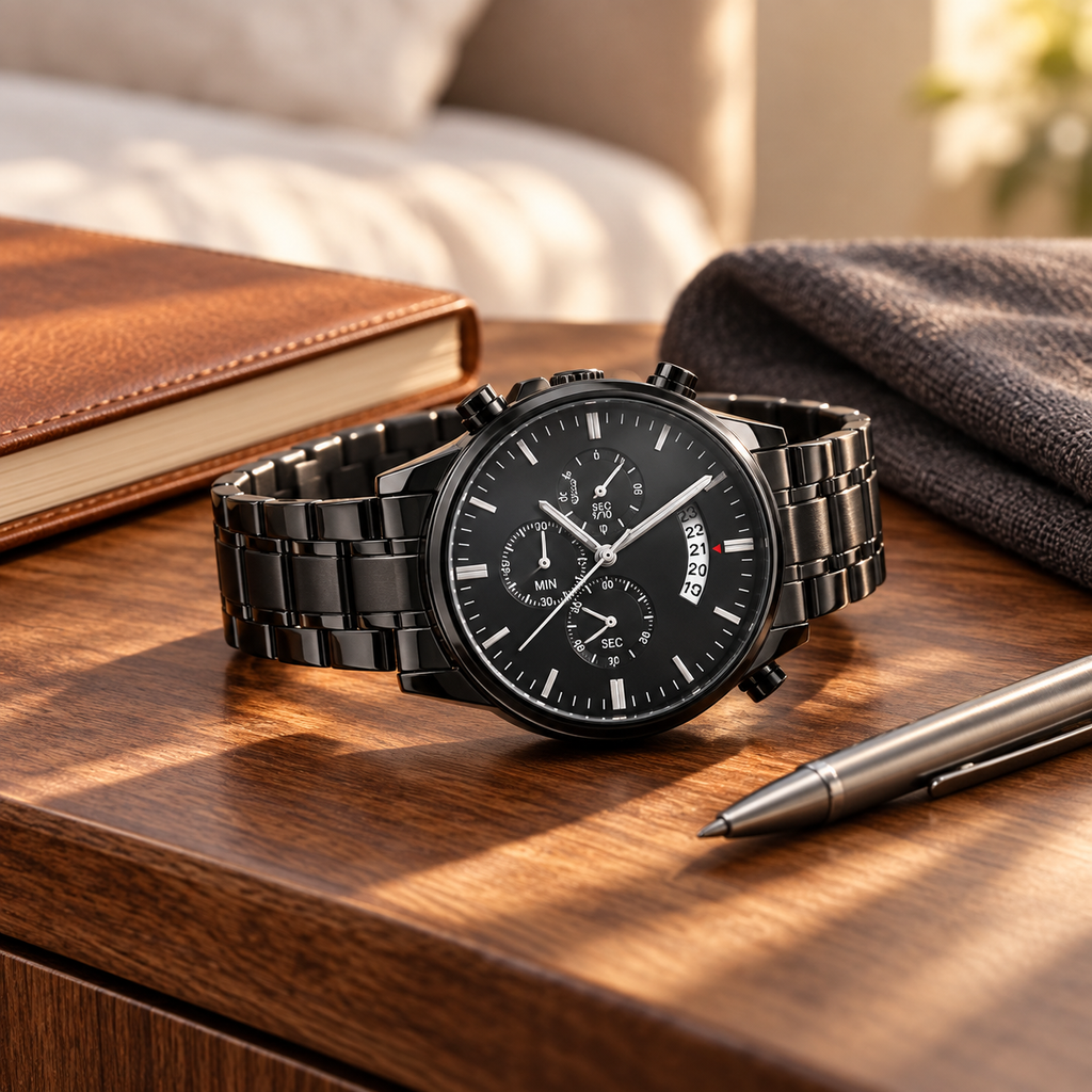 Black chronograph watch for husband displayed with a leather notebook on a masculine desk