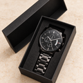 Personalized black chronograph watch presented in a classic black gift box