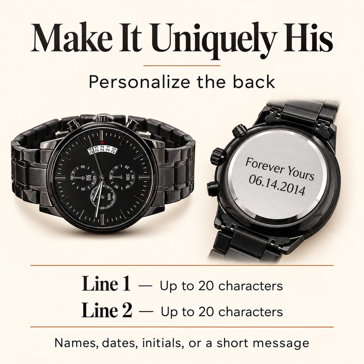 Watch engraving guide showing two customizable lines of up to 20 characters each