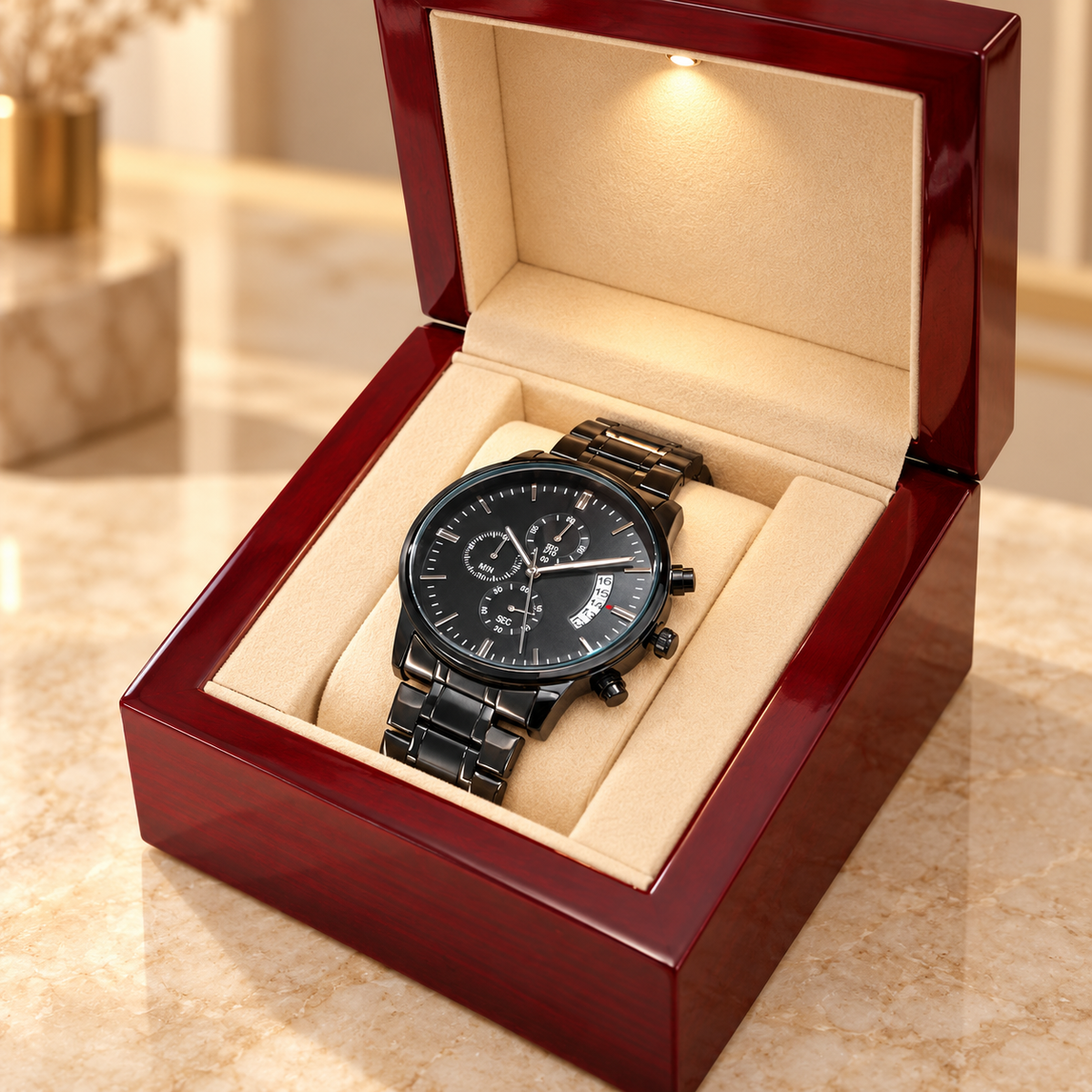 Personalized black chronograph watch displayed in a luxury mahogany LED gift box