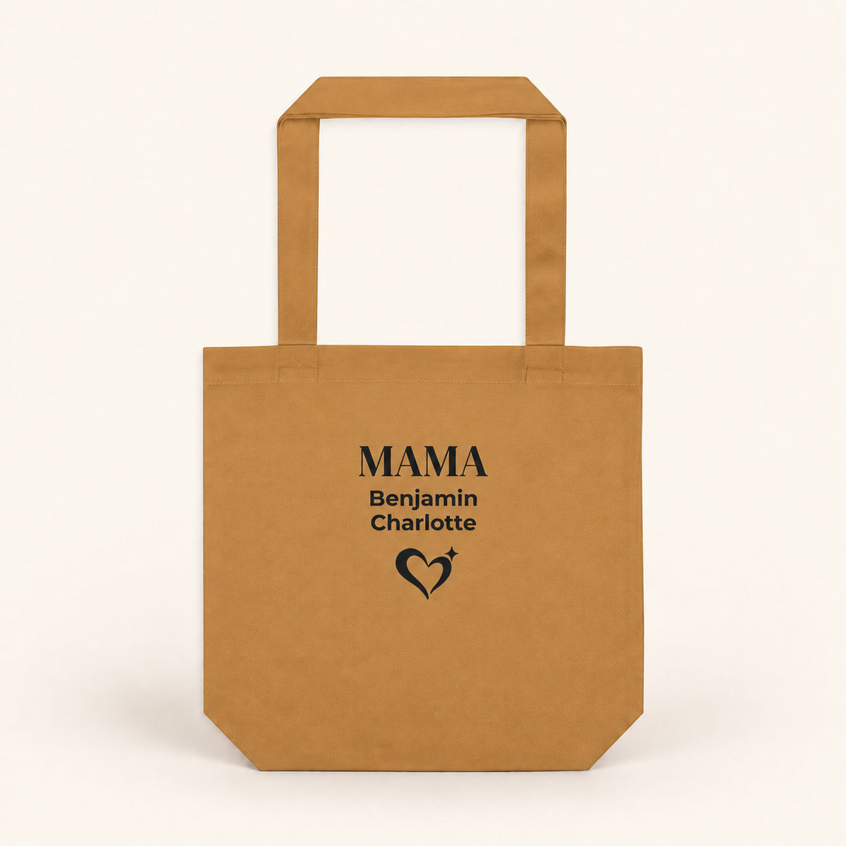 Personalized camel tote bag with “MAMA,” two children’s names and a black heart design
