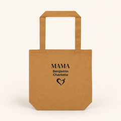 Personalized camel tote bag with “MAMA,” two children’s names and a black heart design