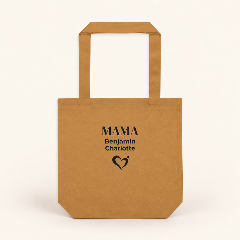 Personalized camel tote bag with “MAMA,” two children’s names and a black heart design