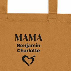 Close-up of black “MAMA,” children’s names and heart design on a camel tote bag