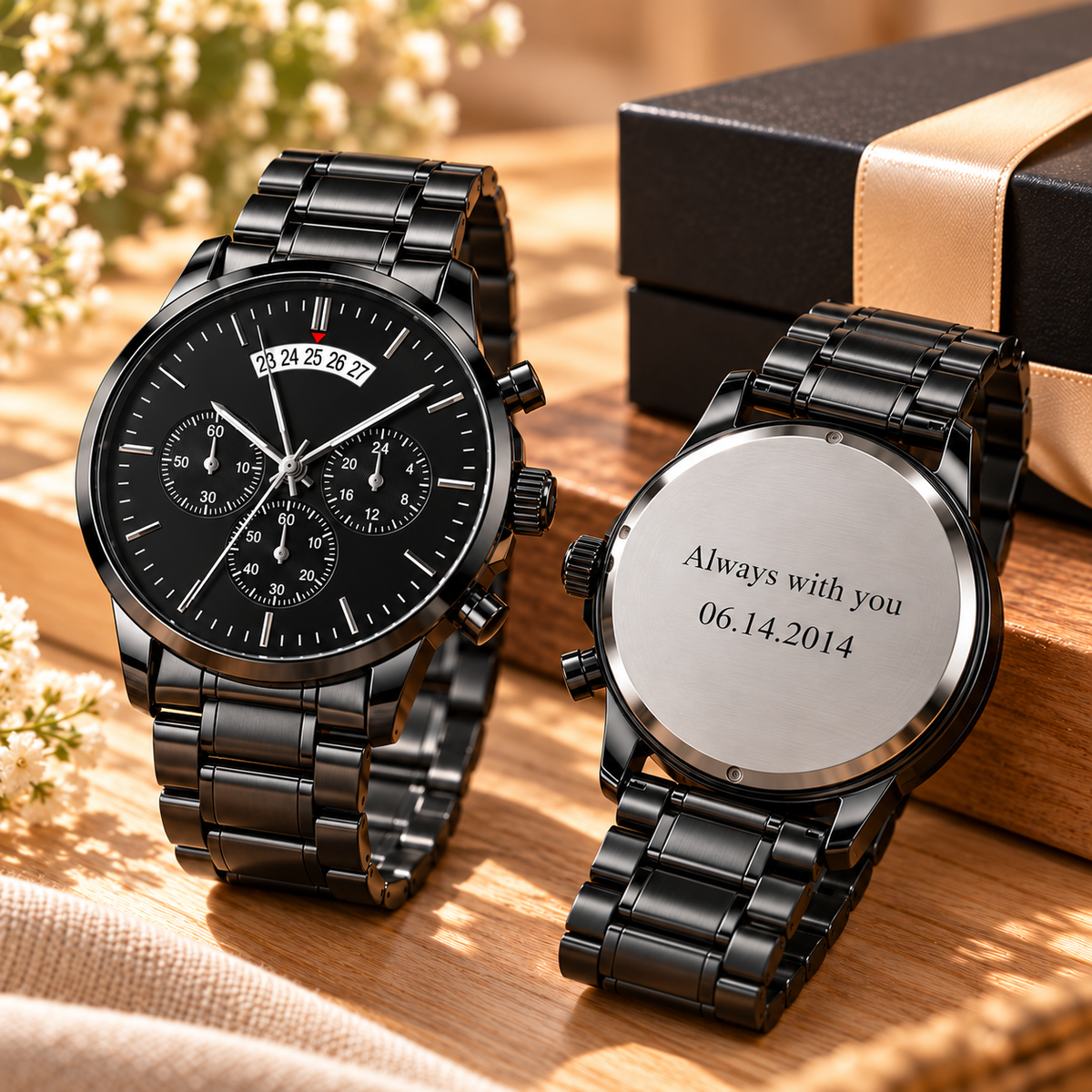 Personalized black chronograph watch shown from the front and back with a two-line engraved message, displayed beside an elegant gift box.