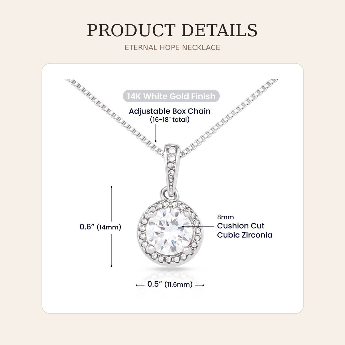 Eternal Hope necklace dimensions with 8 mm cubic zirconia and adjustable chain
