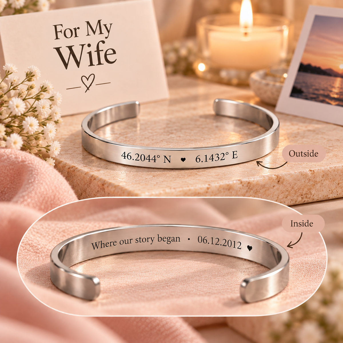 Personalized Engraved Bracelet for Wife – Custom Message Cuff | Anniversary, Birthday & Valentine's Gift