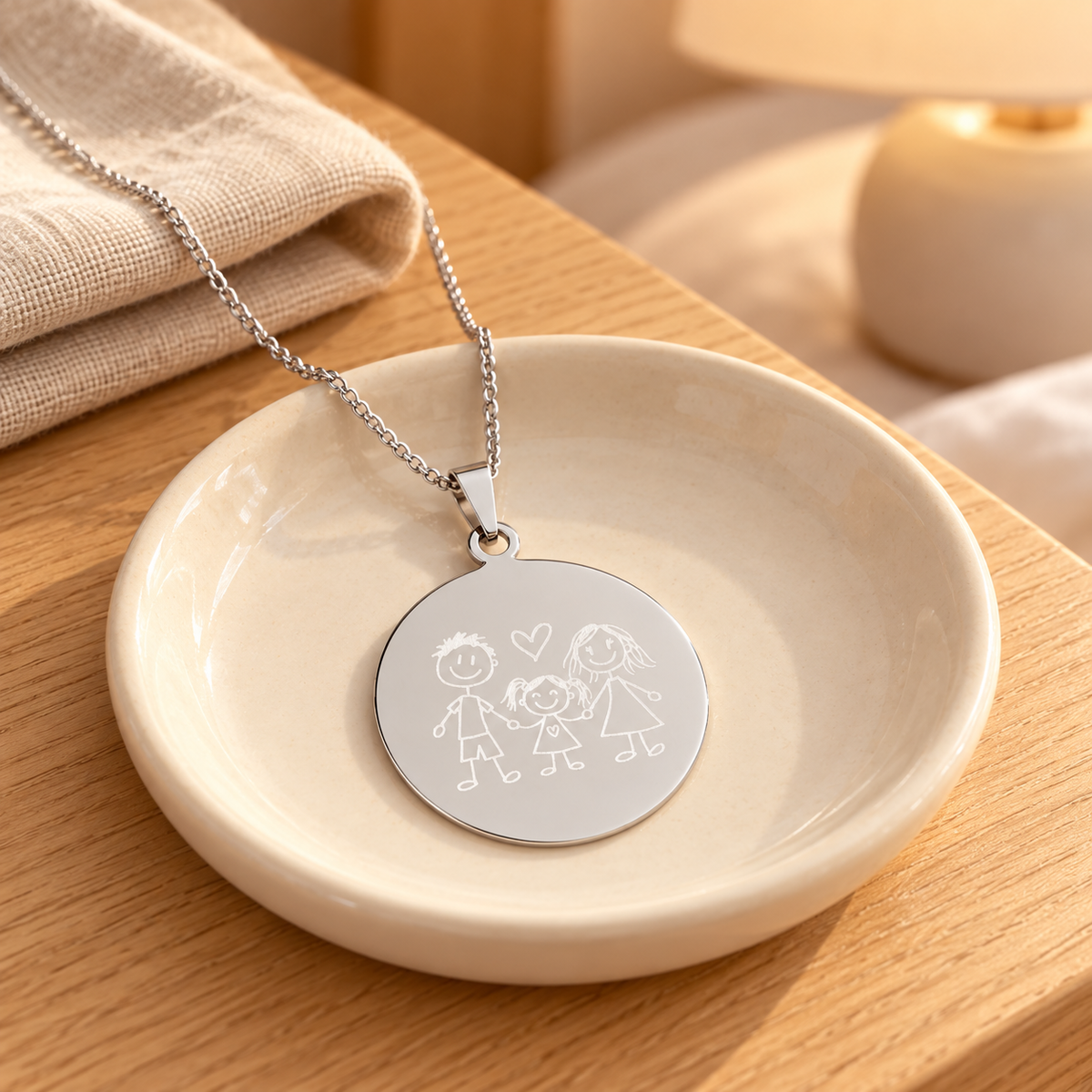 A silver round pendant necklace with an engraved stick-figure couple and heart, displayed on a small cream dish on a wooden table with a lamp in the background.