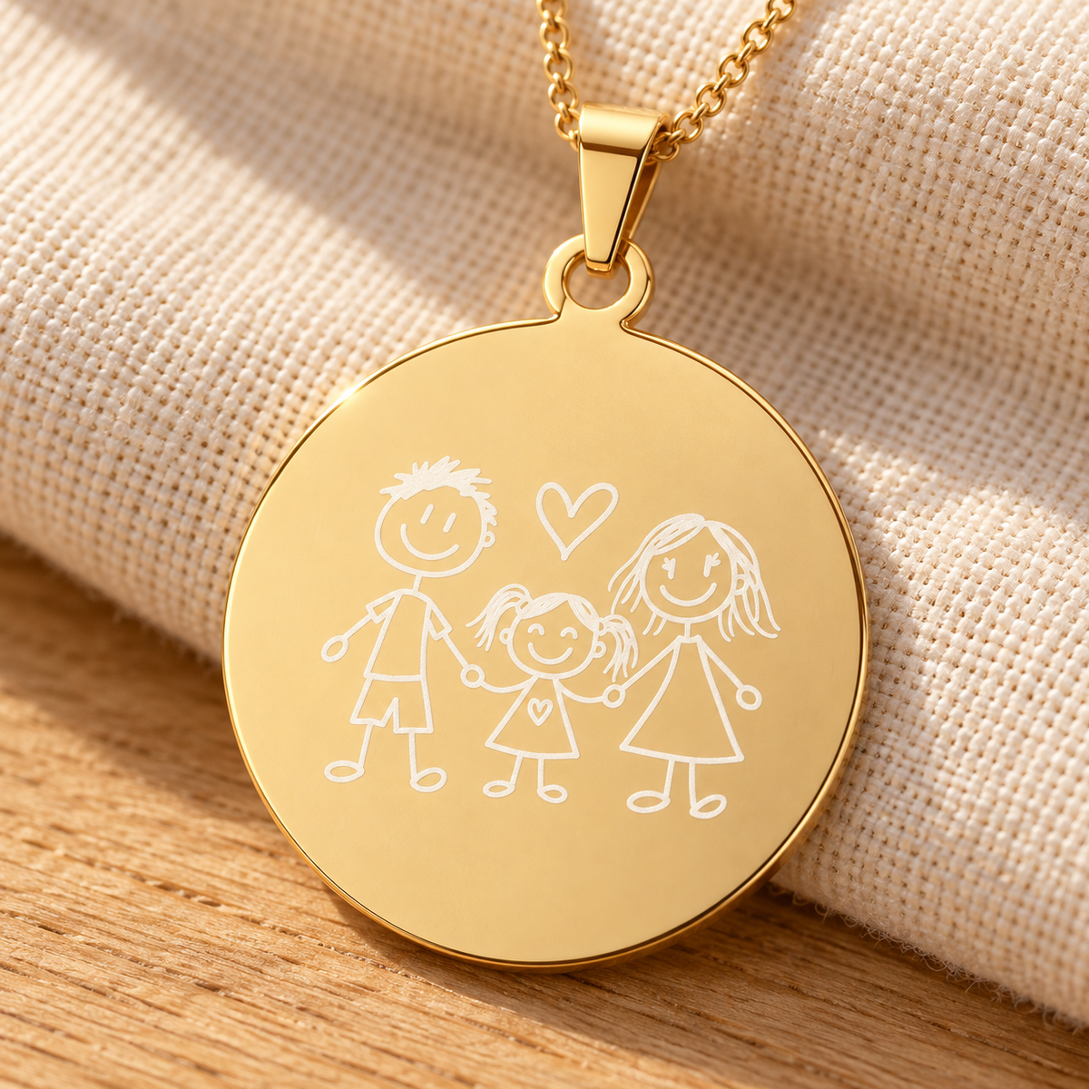 A round gold pendant necklace with a white engraved stick figure family design, resting on a textured beige fabric over a wooden surface.
