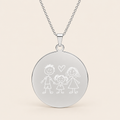 A silver round pendant necklace featuring a simple engraved stick figure family design with a small heart, suspended from a delicate silver chain against a light beige background.