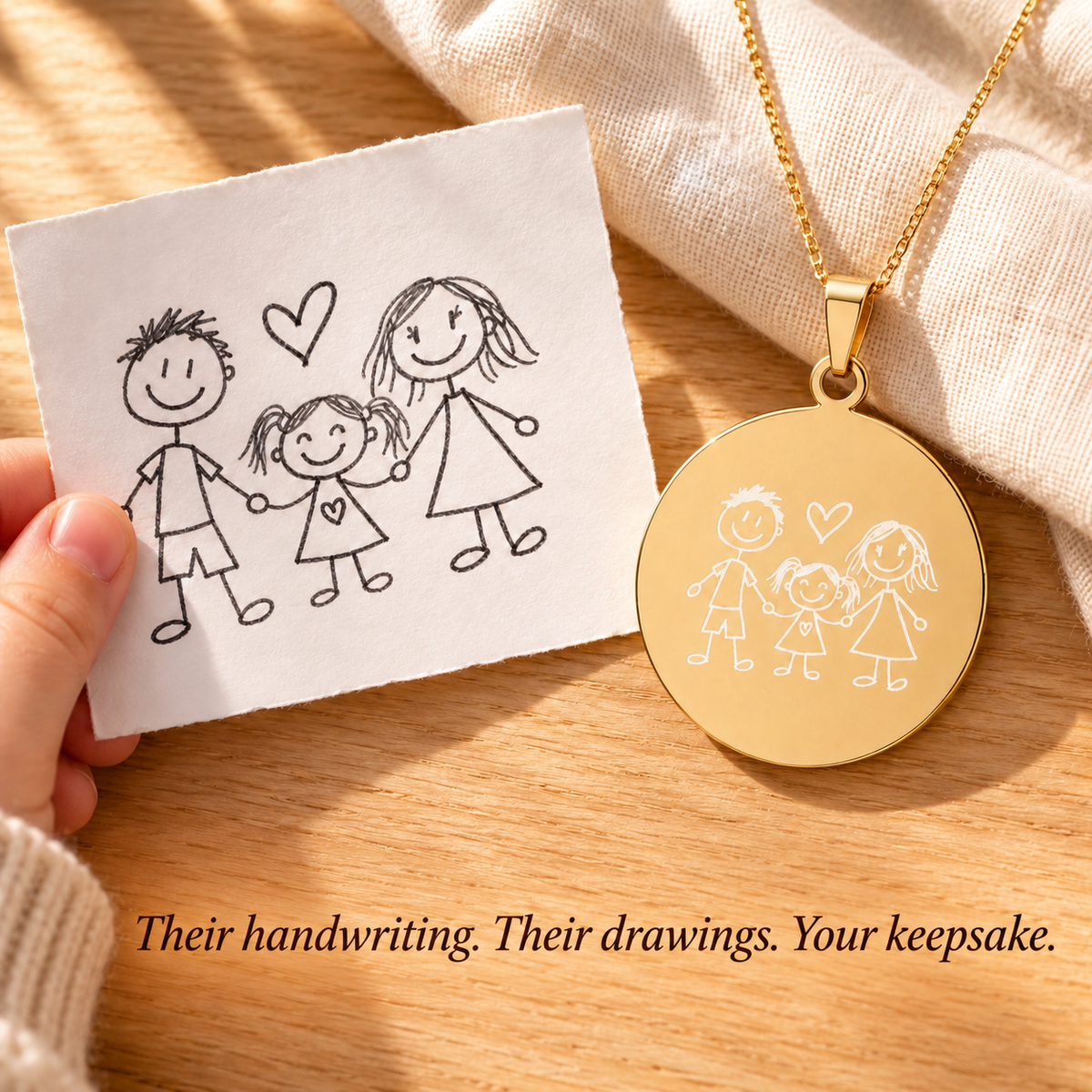Child's original family drawing beside the personalized gold necklace engraved with the same artwork