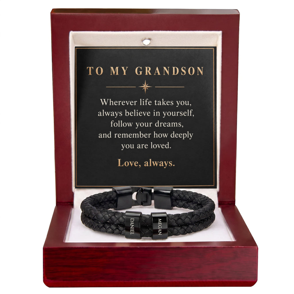 Personalized Name Bracelet for Grandson – Custom Engraved Bead Bracelet | Birthday & Graduation Gift from Grandma and Grandpa